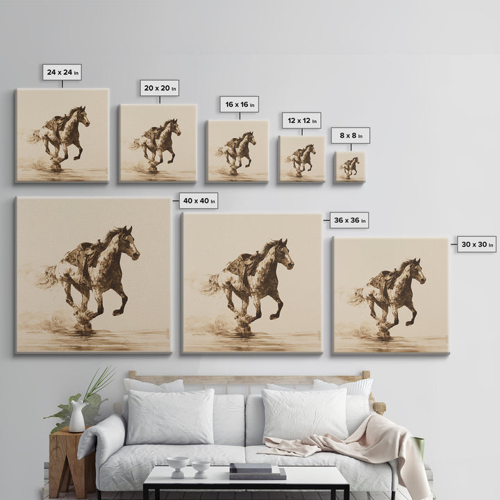 Minimal Horse Contour Drawing on Cream Paper Canvas Print, Equestrian Art, Antique Oil Painting, Living Room Decor, Equestrian, EQU-1x1-61