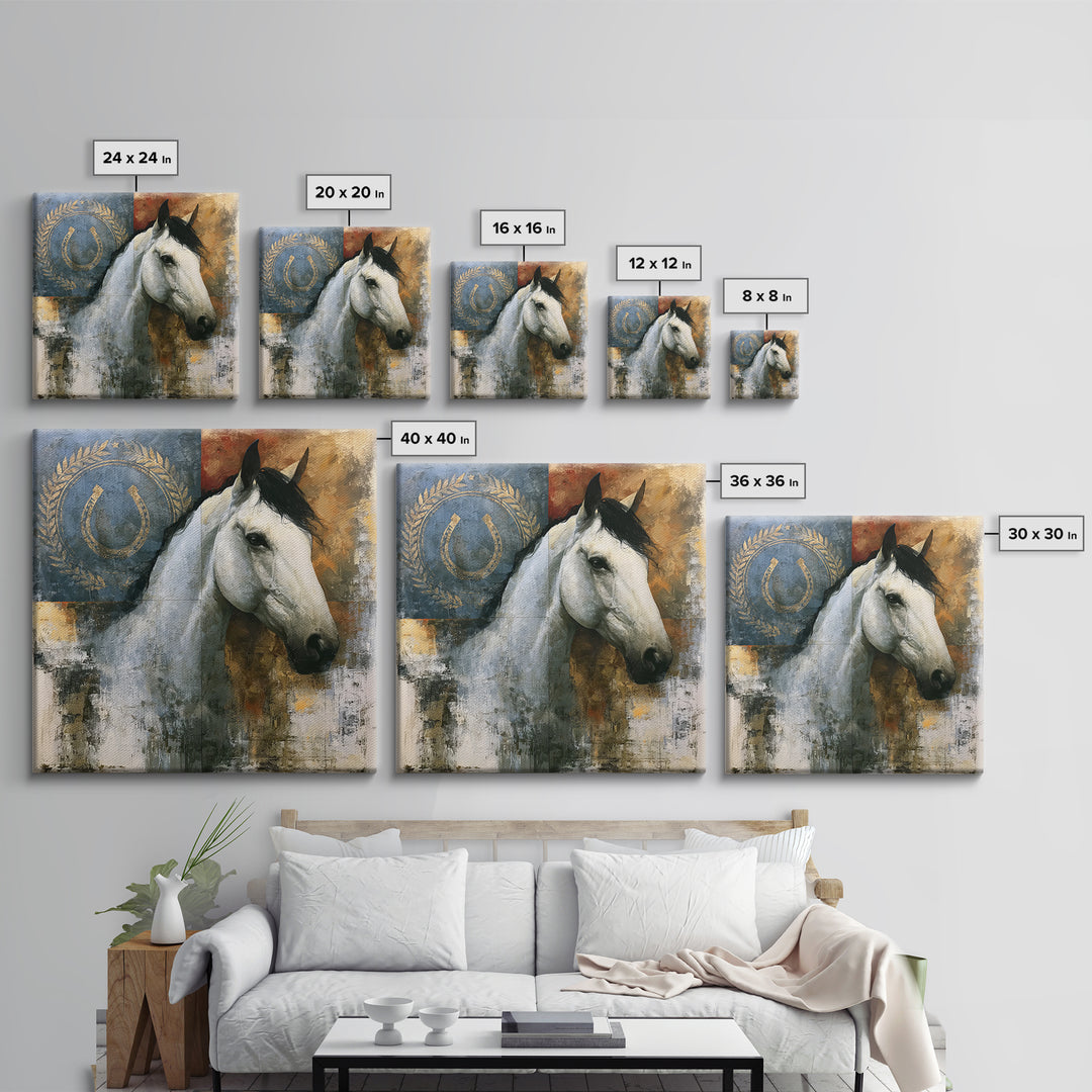 Equestrian Crest with Laurel and Horseshoe Canvas Print, Equestrian Art, Western Wall Art, Living Room Decor, Equestrian, EQU-1x1-70