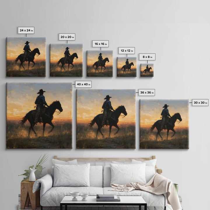 Equestrian Rider Silhouette at Sunrise Canvas Print, Equestrian Art, Modern Decor, Living Room Decor, Fine Art, Equestrian, EQU-1x1-75