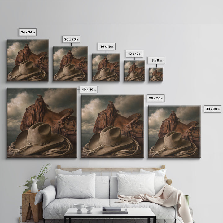 Cowgirl Hat and Reins Still Life Framed Canvas Print, Equestrian Art, Statement Artwork, Living Room Decor, Equestrian, EQU-1x1-83