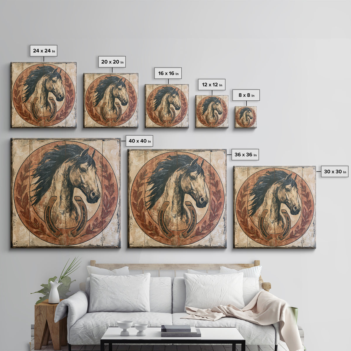 Equestrian Crest with Laurel and Horseshoe Canvas Print, Equestrian Art, Western Art, Living Room Decor, Fine Art, Equestrian, EQU-1x1-94