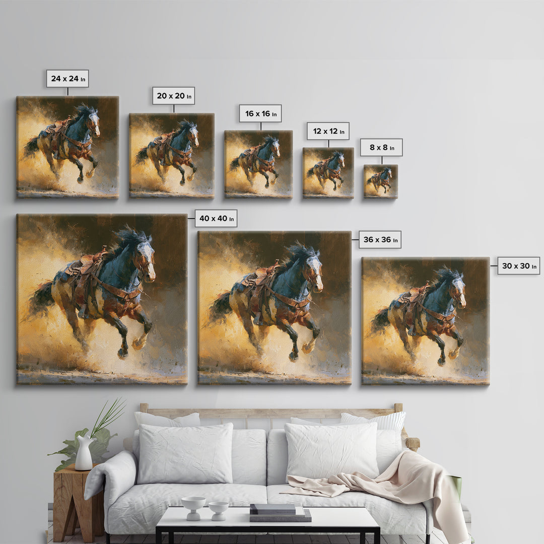 Galloping Horse in Golden Dust and Sunlight Canvas Print, Equestrian Art, Wall Art, Living Room Decor, Oil Painting, Equestrian, EQU-1x1-97