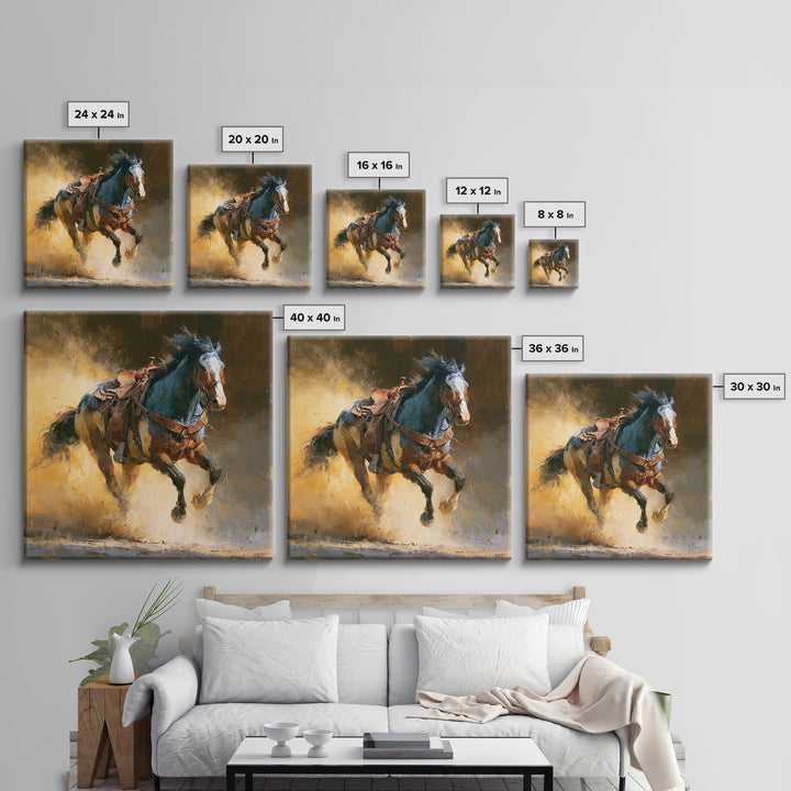 Galloping Horse in Golden Dust and Sunlight Canvas Print, Equestrian Art, Wall Art, Living Room Decor, Oil Painting, Equestrian, EQU-1x1-97