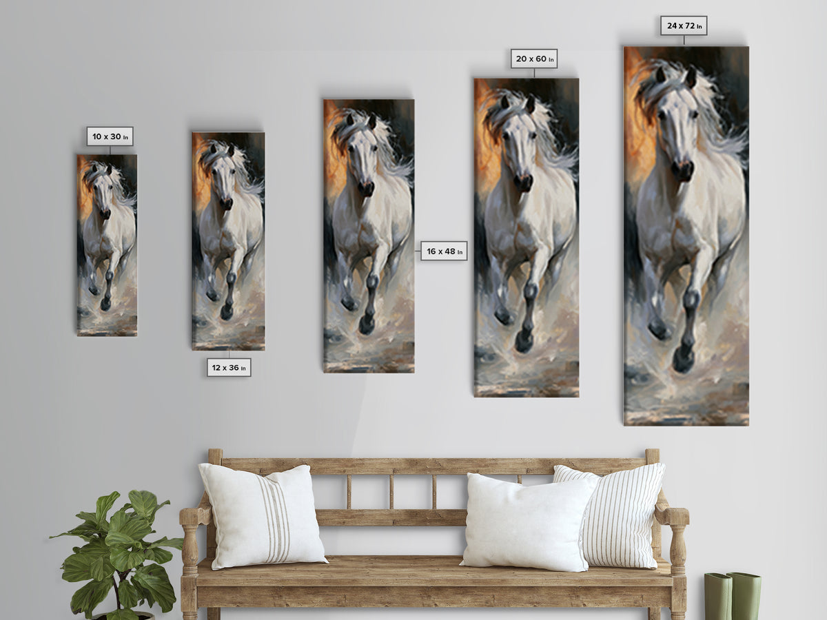 White Horse Running Through Shallow Water Canvas Print, Equestrian Art, Room Decor, Living Room Decor, Fine Art, Equestrian, EQU-1x3-17