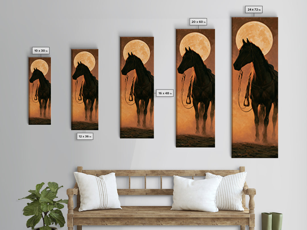 Horse Silhouette under a Huge Western Moon Framed Canvas Print, Equestrian Art, Home Decor, Living Room Decor, Equestrian, EQU-1x3-52