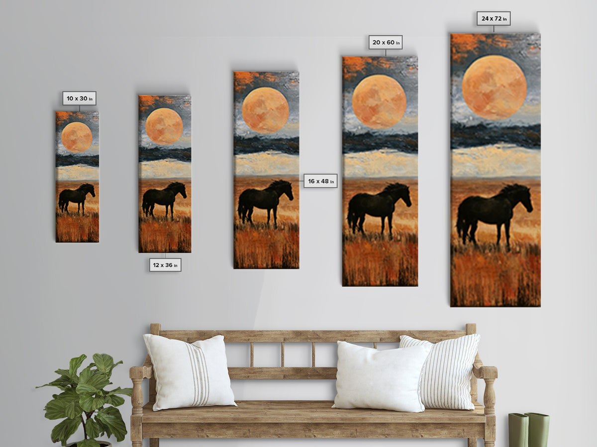 Horse Silhouette under a Huge Western Moon Framed Canvas Print, Equestrian Art, Living Room Decor, Oil Painting, Equestrian, EQU-1x3-76