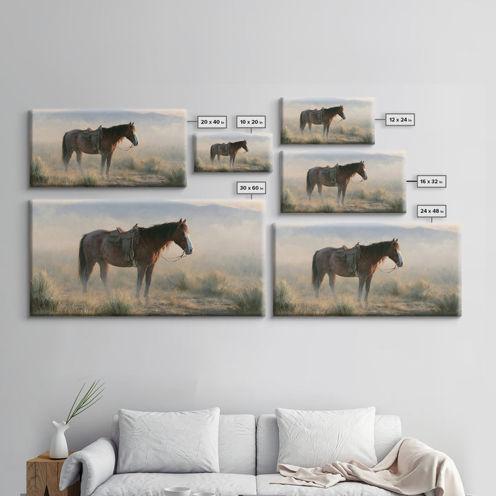 Horse in Misty Pasture with Peaceful Mood Canvas Print, Equestrian Art, Statement Artwork, Living Room Decor, Equestrian, EQU-2x1-20
