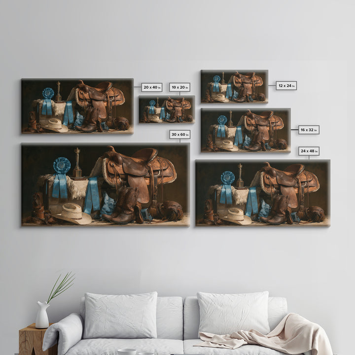 Blue Ribbon and Saddle Competition Still Life Canvas Print, Equestrian Art, Minimalist Decor, Living Room Decor, Equestrian, EQU-2x1-37