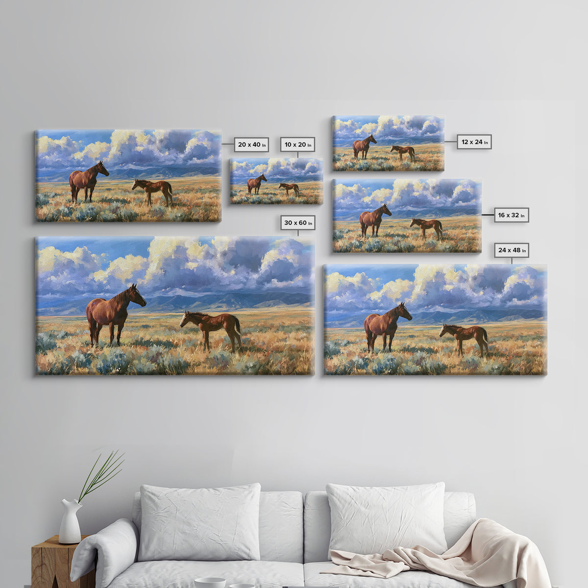 Horse and Foal Framed Canvas Print, Equestrian Art, Modern Wall Art, Living Room Decor, Oil Painting, Equestrian, Western Art, EQU-2x1-80