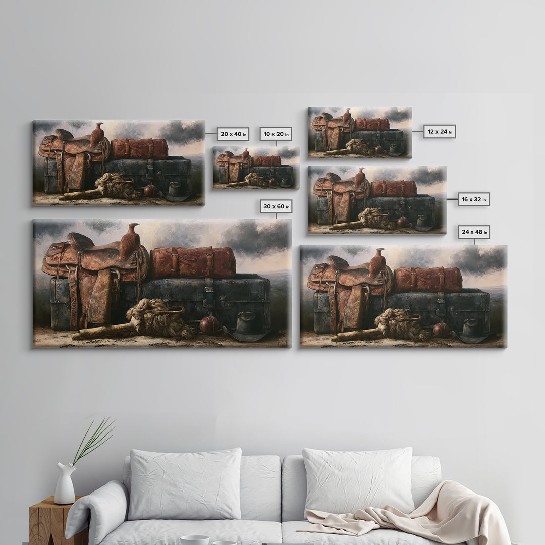 Stable Tools Arranged Like Old Master Still Framed Canvas Print, Equestrian Art, Large Wall Art, Living Room Decor, Equestrian, EQU-2x1-91