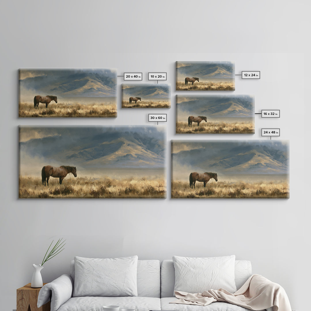 Horse in Misty Pasture with Peaceful Mood Canvas Print, Equestrian Art, Boho Wall Art, Living Room Decor, Equestrian, EQU-2x1-92