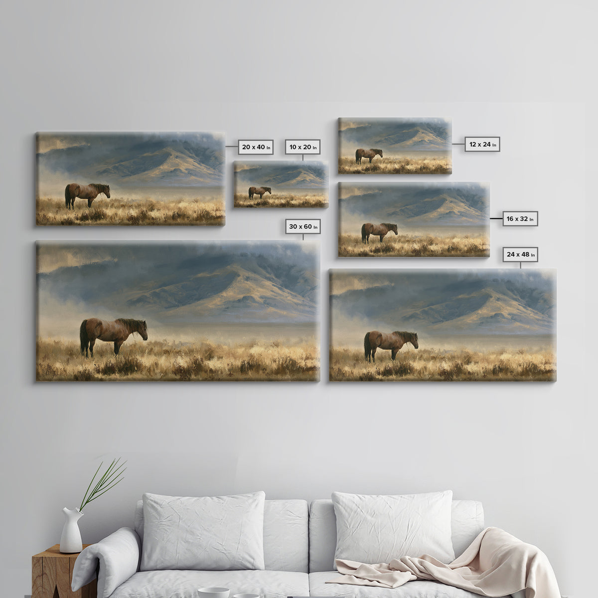 Horse in Misty Pasture with Peaceful Mood Canvas Print, Equestrian Art, Boho Wall Art, Living Room Decor, Equestrian, EQU-2x1-92