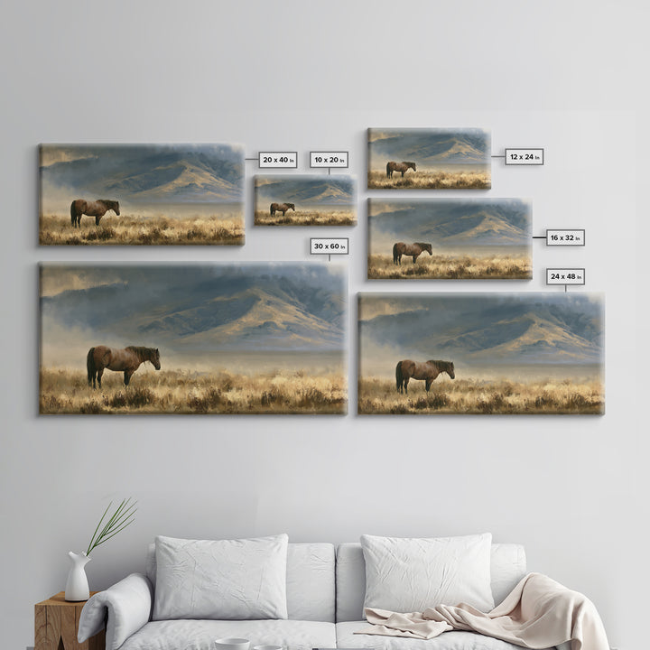Horse in Misty Pasture with Peaceful Mood Canvas Print, Equestrian Art, Boho Wall Art, Living Room Decor, Equestrian, EQU-2x1-92