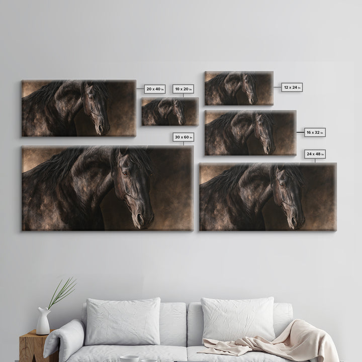Black Horse Portrait on Deep Charcoal Background Canvas Print, Equestrian Art, Wall Decor, Living Room Decor, Equestrian, EQU-2x1-94