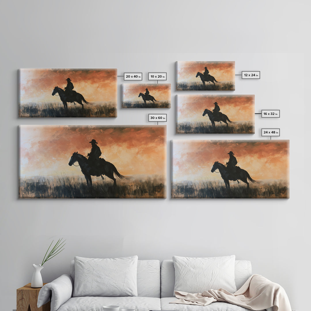 Equestrian Rider Silhouette at Sunrise Framed Canvas Print, Equestrian Art, Western Art, Living Room Decor, Equestrian, EQU-2x1-95