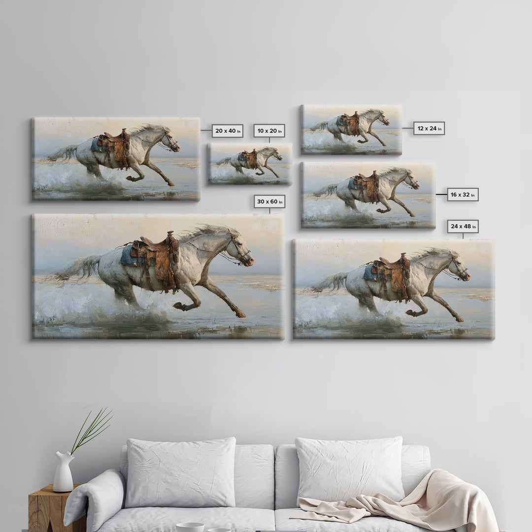 White Horse Running Through Shallow Water Framed Canvas Print, Equestrian Art, Living Room Decor, Fine Art, Equestrian, EQU-2x1-97