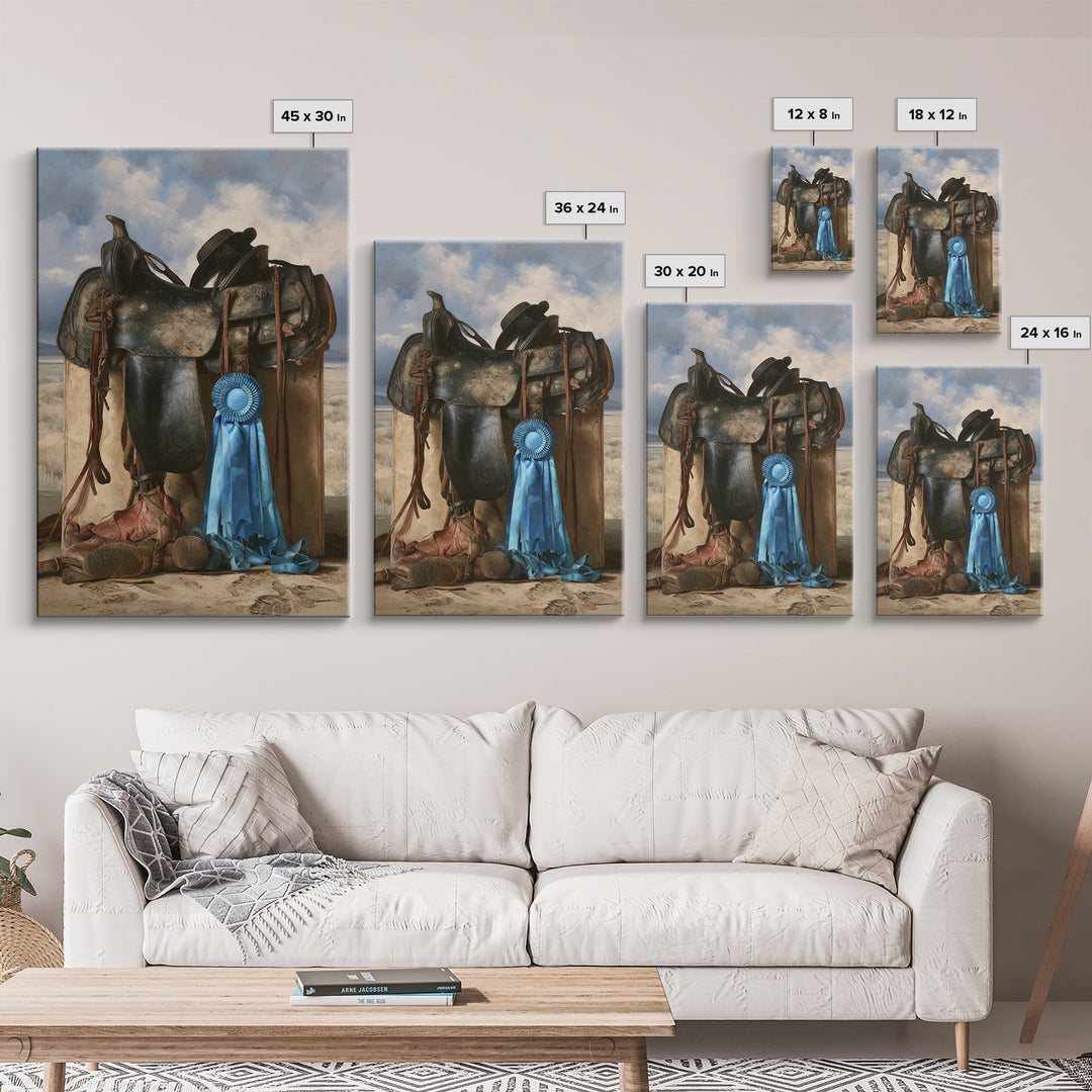 Blue Ribbon and Saddle Competition Still Life Framed Canvas Print, Equestrian Art, Wall Art, Living Room Decor, Equestrian, EQU-2x3-1