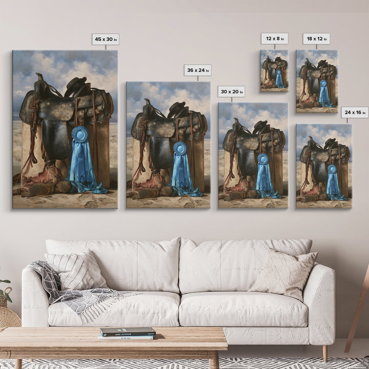 Blue Ribbon and Saddle Competition Still Life Framed Canvas Print, Equestrian Art, Wall Art, Living Room Decor, Equestrian, EQU-2x3-1
