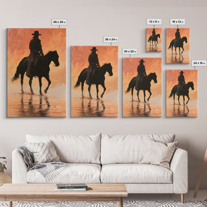 Equestrian Rider Silhouette at Sunrise Canvas Print, Equestrian Art, Antique Oil Painting, Living Room Decor, Abstract Art, EQU-2x3-11
