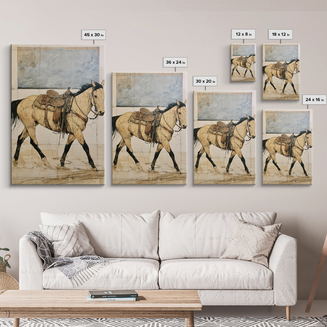 Minimal Horse Contour Drawing on Cream Paper Canvas Print, Equestrian Art, Oil Painting, Living Room Decor, Equestrian, EQU-2x3-45