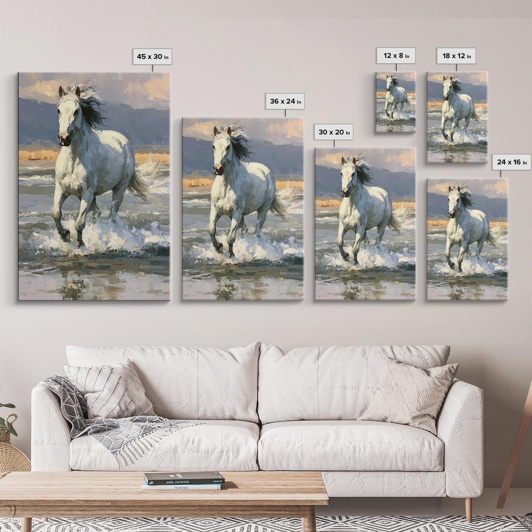 White Horse Running Through Shallow Water Canvas Print, Equestrian Art, Digital Print, Living Room Decor, Fine Art, Equestrian, EQU-2x3-61