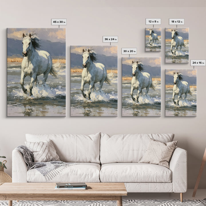 White Horse Running Through Shallow Water Canvas Print, Equestrian Art, Digital Print, Living Room Decor, Fine Art, Equestrian, EQU-2x3-61