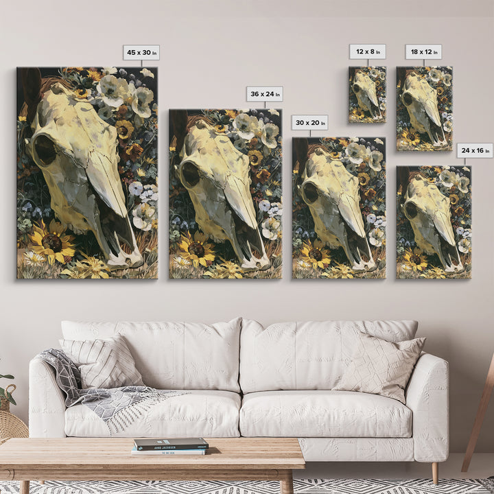 Horse Skull with Desert Flowers in Western Canvas Print, Equestrian Art, Living Room Decor, Equestrian, Farmhouse Wall Art, EQU-2x3-77