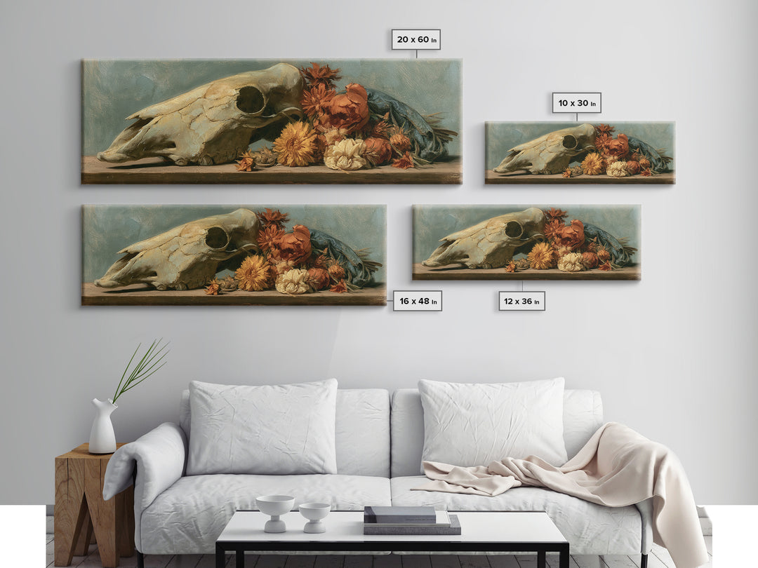 Horse Skull with Desert Flowers in Western Canvas Print, Equestrian Art, Modern Wall Art, Living Room Decor, Equestrian, EQU-3x1-37