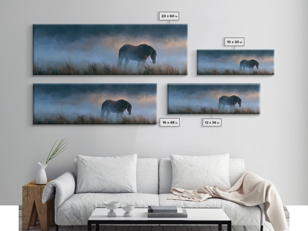 Horse in Misty Pasture with Peaceful Mood Canvas Print, Equestrian Art, Gallery Decor, Living Room Decor, Fine Art, Equestrian, EQU-3x1-40