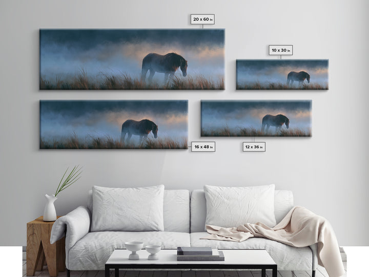 Horse in Misty Pasture with Peaceful Mood Canvas Print, Equestrian Art, Gallery Decor, Living Room Decor, Fine Art, Equestrian, EQU-3x1-40
