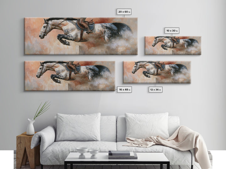 Show Jumping Horse Mid Leap Framed Canvas Print, Equestrian Art, Wall Decor, Living Room Decor, Oil Painting, Equestrian, EQU-3x1-47