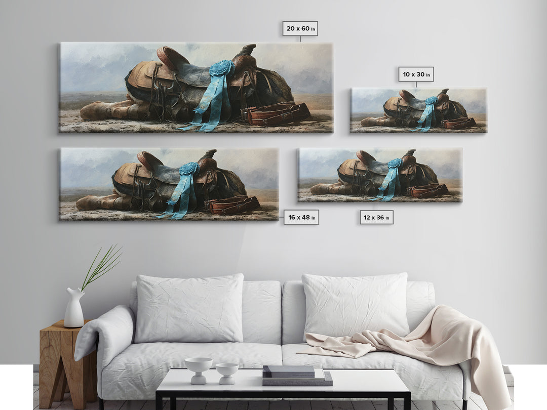Blue Ribbon and Saddle Competition Still Life Canvas Print, Equestrian Art, Moody Wall Art, Living Room Decor, Equestrian, EQU-3x1-57