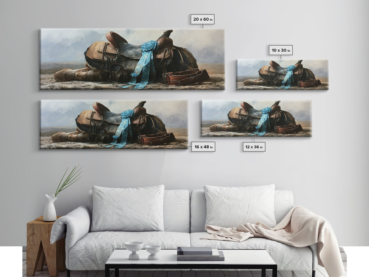Blue Ribbon and Saddle Competition Still Life Canvas Print, Equestrian Art, Moody Wall Art, Living Room Decor, Equestrian, EQU-3x1-57