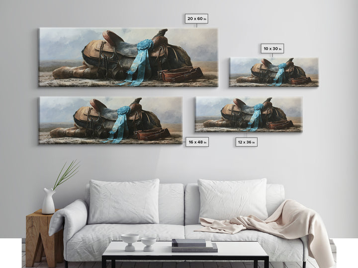 Blue Ribbon and Saddle Competition Still Life Canvas Print, Equestrian Art, Moody Wall Art, Living Room Decor, Equestrian, EQU-3x1-57
