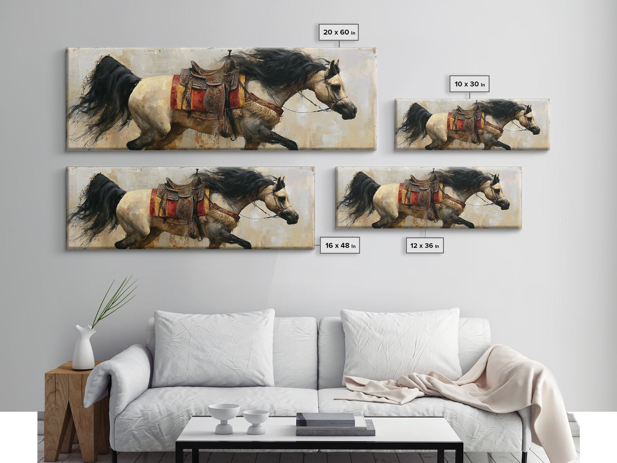 Arabian Horse with Ornate Tack and Silk Framed Canvas Print, Equestrian Art, Neutral Decor, Living Room Decor, Equestrian, EQU-3x1-7