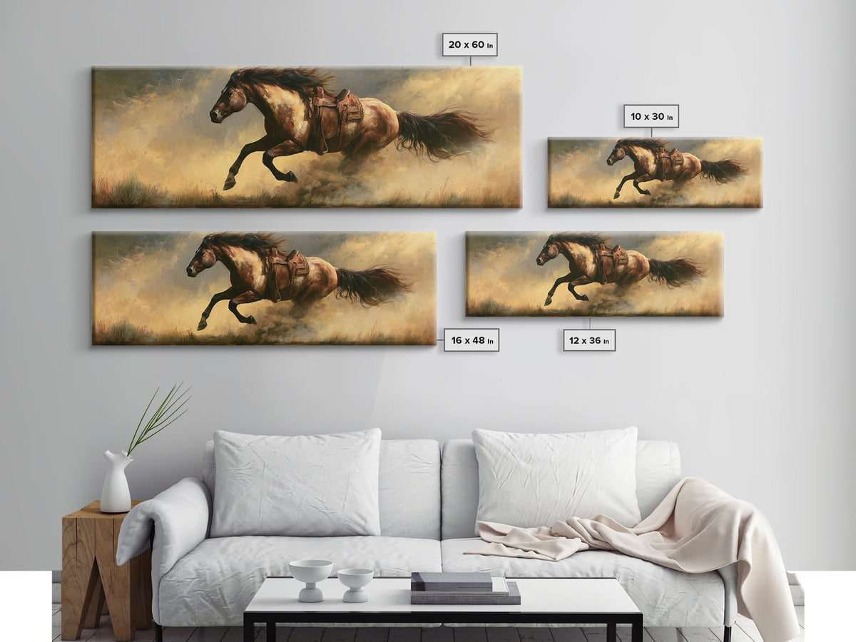 Galloping Horse in Golden Dust and Sunlight Canvas Print, Equestrian Art, Western Art, Living Room Decor, Equestrian, EQU-3x1-89