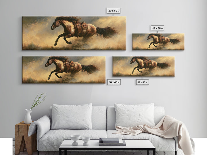 Galloping Horse in Golden Dust and Sunlight Canvas Print, Equestrian Art, Western Art, Living Room Decor, Equestrian, EQU-3x1-89