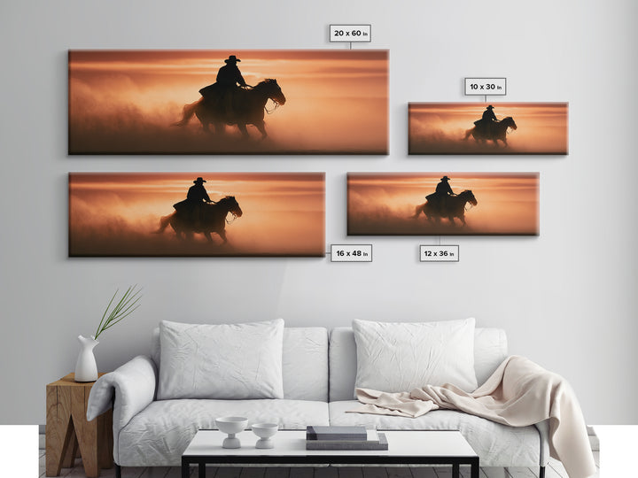 Equestrian Rider Silhouette at Sunrise Canvas Print, Equestrian Art, Room Decor, Living Room Decor, Fine Art, Equestrian, EQU-3x1-91