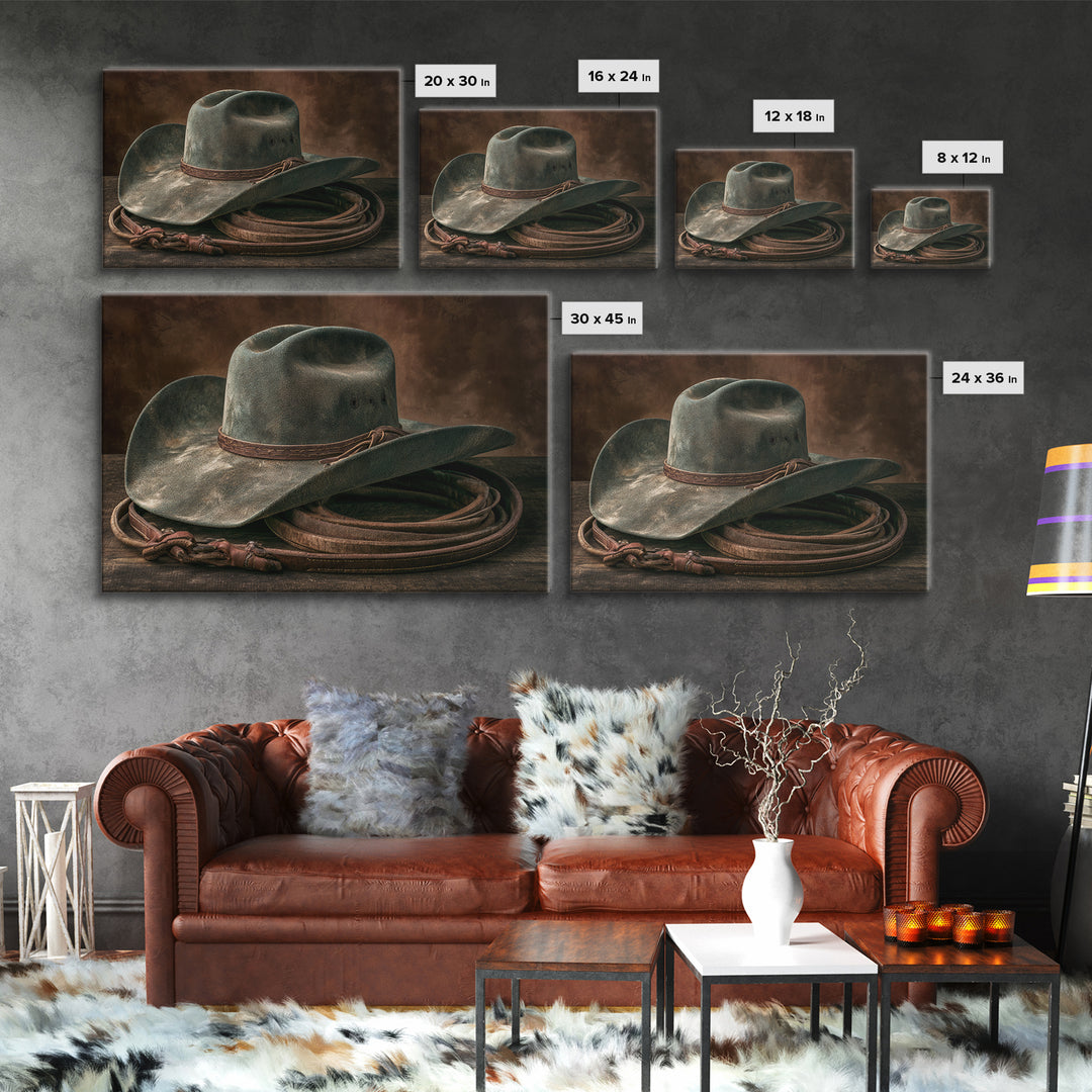 Cowgirl Hat and Reins Still Life Framed Canvas Print, Equestrian Art, Digital Print, Living Room Decor, Fine Art, Equestrian, EQU-3x2-15
