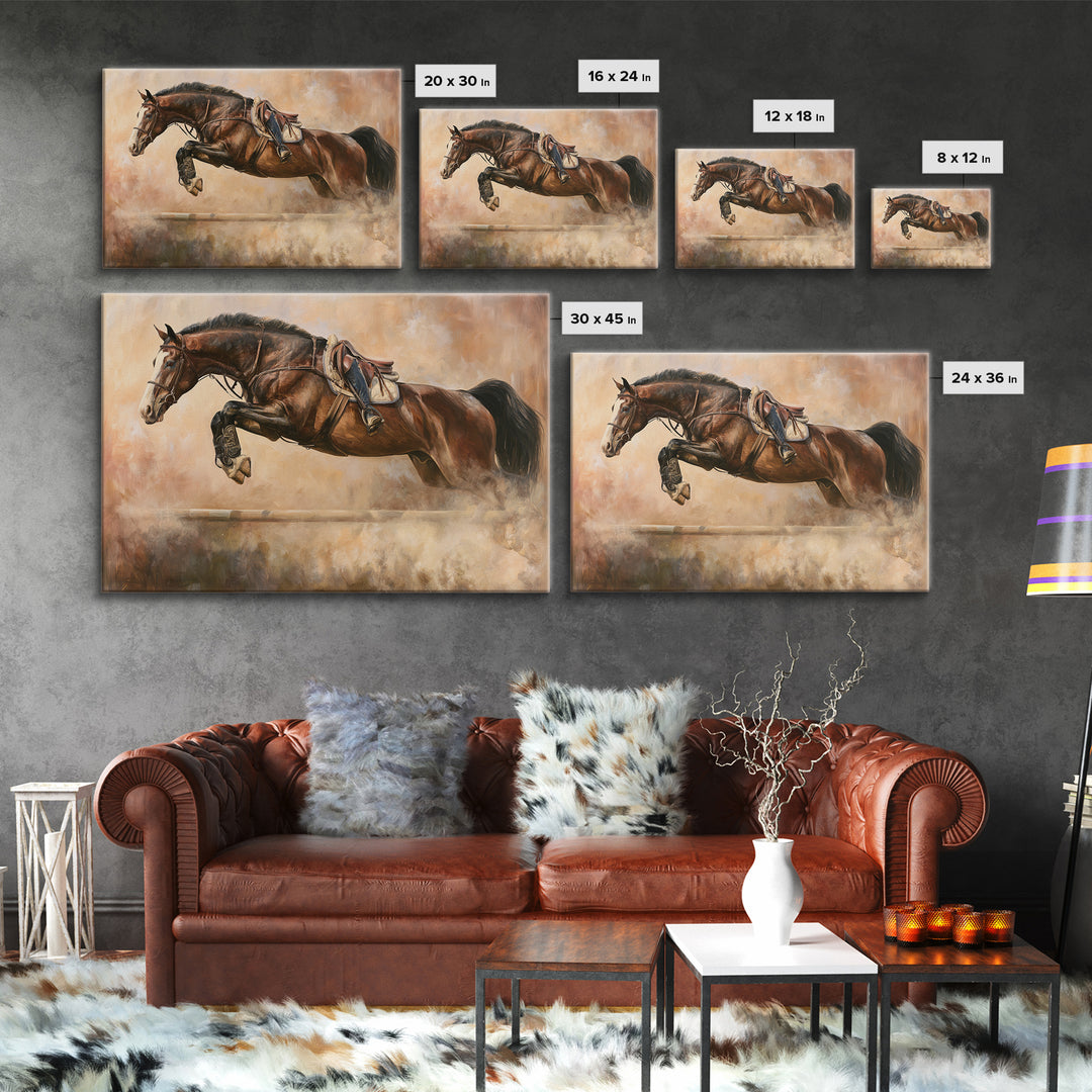 Show Jumping Horse Mid Leap Framed Canvas Print, Equestrian Art, Gallery Wall Art, Living Room Decor, Fine Art, Equestrian, EQU-3x2-35