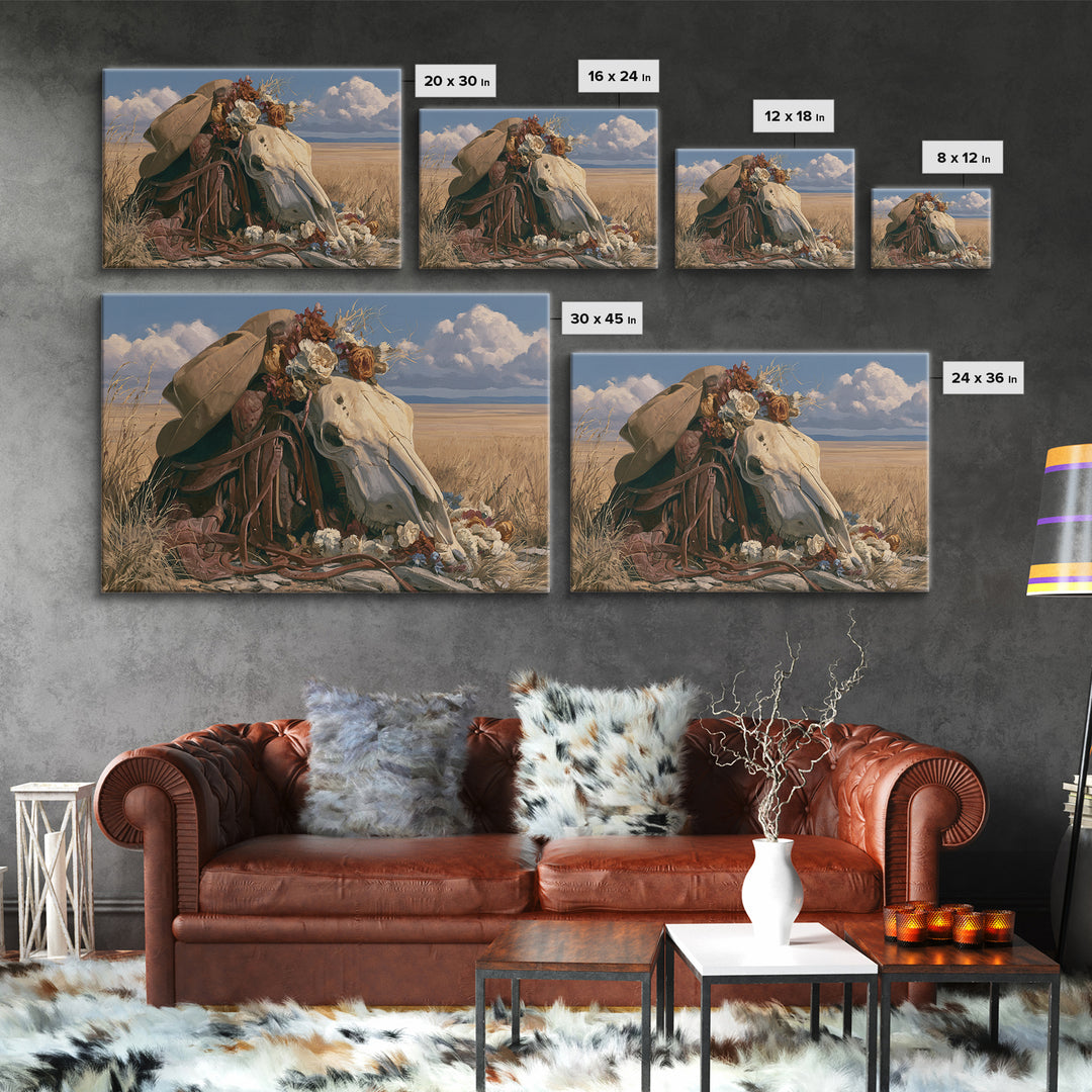 Horse Skull with Desert Flowers in Western Canvas Print, Equestrian Art, French Country Decor, Living Room Decor, Equestrian, EQU-3x2-49