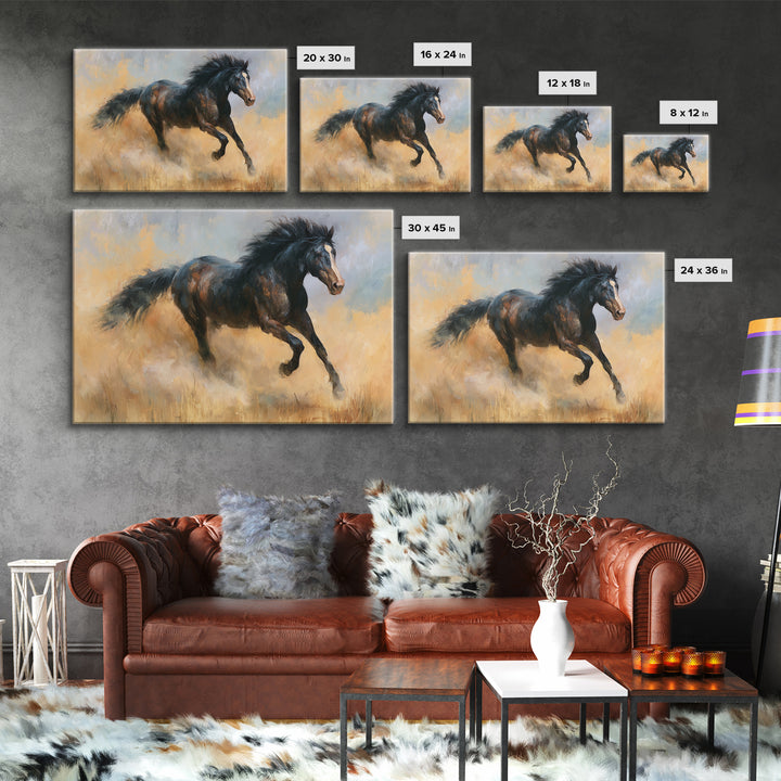 Galloping Horse in Golden Dust and Sunlight Canvas Print, Equestrian Art, Abstract Painting, Living Room Decor, Equestrian, EQU-3x2-5