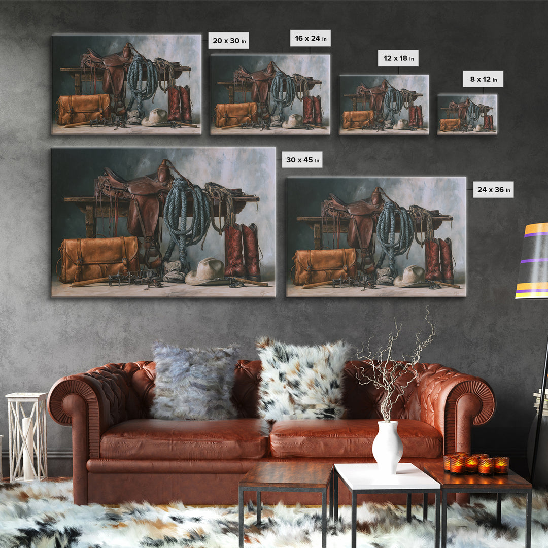 Stable Tools Arranged Like Old Master Still Canvas Print, Equestrian Art, Farmhouse Wall Art, Living Room Decor, Equestrian, EQU-3x2-51