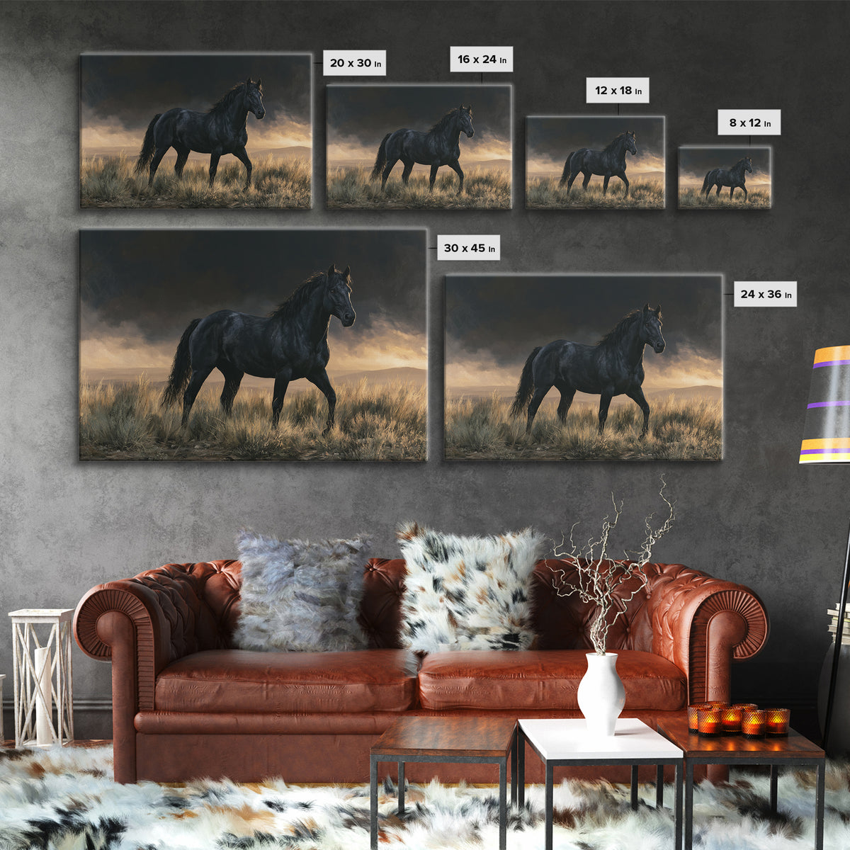 Black Horse Portrait on Deep Charcoal Background Canvas Print, Equestrian Art, Green Wall Art, Living Room Decor, Equestrian, EQU-3x2-78