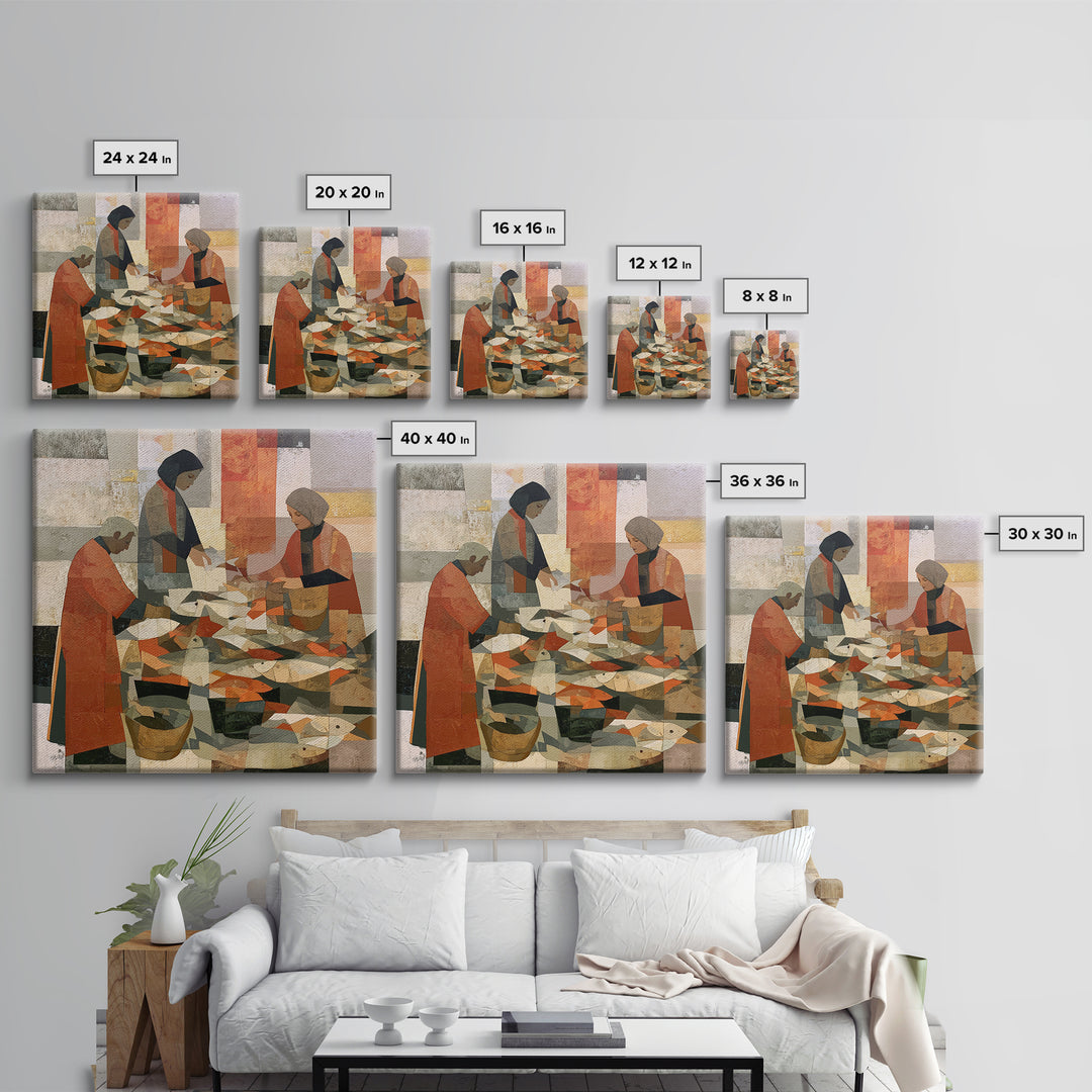 Fish Market Scene Framed Canvas Print, Expressionist Art, Minimalist Wall Art, Living Room Decor, Fine Art, Expression, EXP-1x1-46