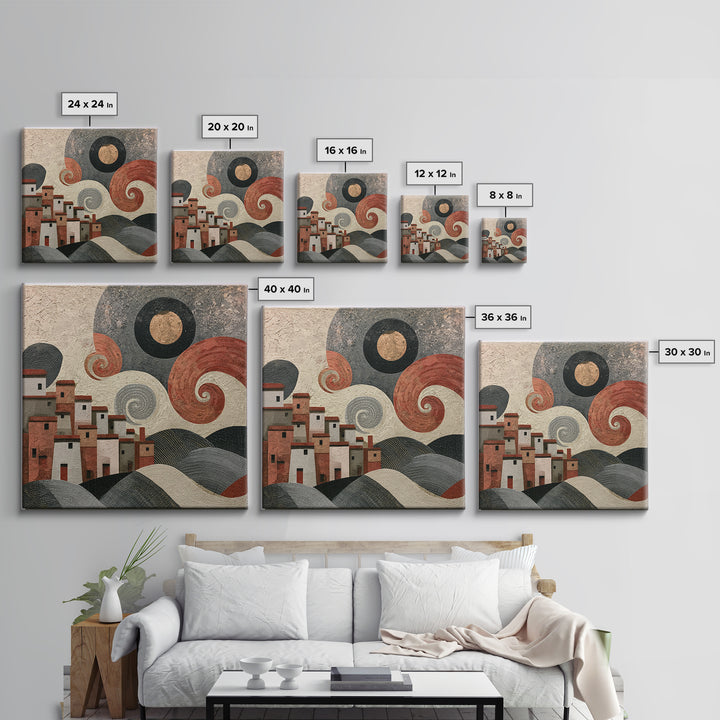 Moonlit Village with Swirling Unnatural Color Canvas Print, Expressionist Art, Moody Wall Art, Living Room Decor, Expression, EXP-1x1-84