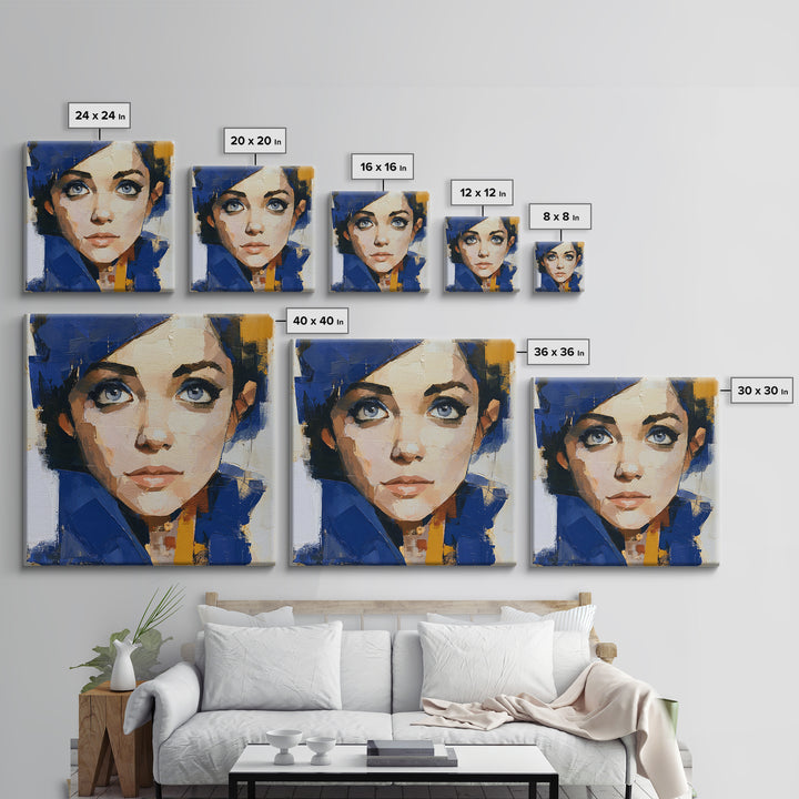 Woman in Blue with Dramatic Expressive Eyes Canvas Print, Expressionist Art, Minimalist Decor, Living Room Decor, Expression, EXP-1x1-88