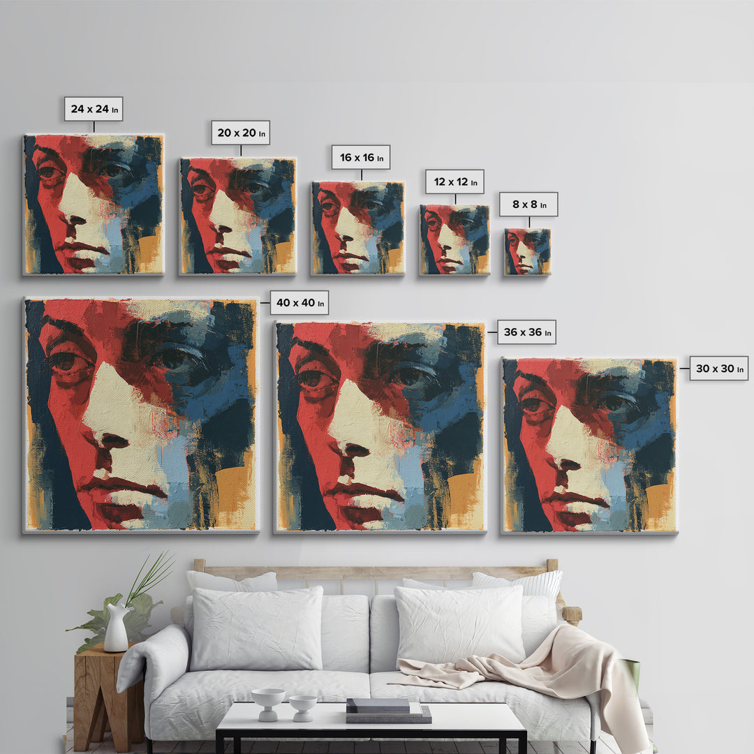 Emotional Portrait with Bold Red and Blue Canvas Print, Expressionist Art, Textured Painting, Living Room Decor, Expression, EXP-1x1-98