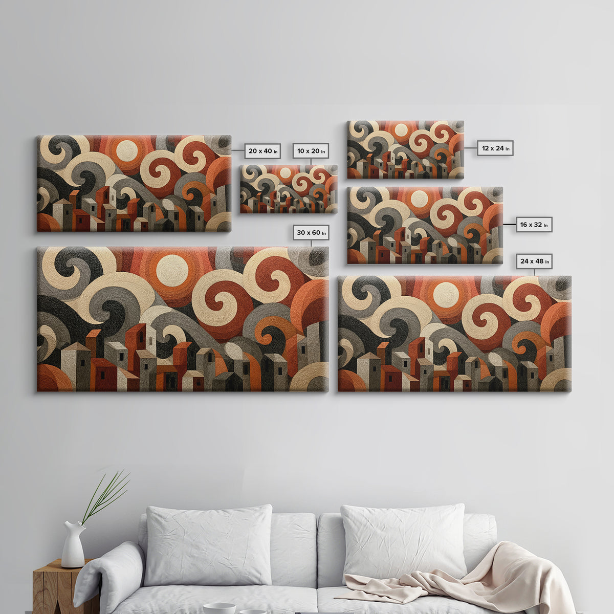 Moonlit Village with Swirling Unnatural Color Framed Canvas Print, Expressionist Art, Art Print, Living Room Decor, Expression, EXP-2x1-56