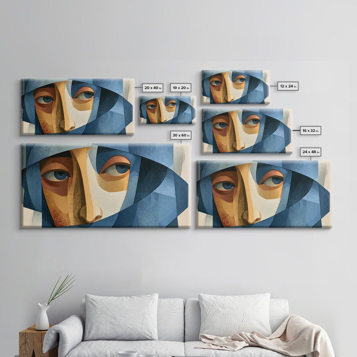 Woman in Blue with Dramatic Expressive Eyes Framed Canvas Print, Expressionist Art, Digital Art, Living Room Decor, Expression, EXP-2x1-60